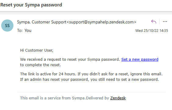 Example of a reset password message from Zendesk